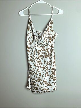 12th Tribe White and Brown Spotted Cowl Neck Mini Dress